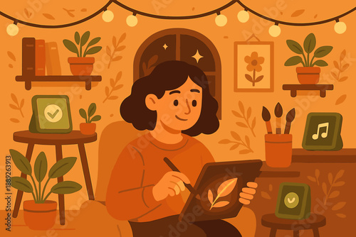 Creating art at home in a cozy room with plants and warm lights during evening hours