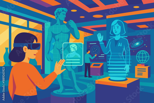 Visitor explores virtual exhibits featuring a statue and an AI display in a modern museum during a daytime visit