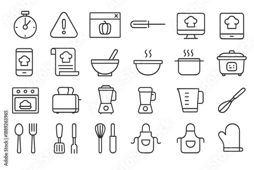 Kitchen tools and cooking symbols for meal preparation and cooking lessons in a simple design layout on a digital screen