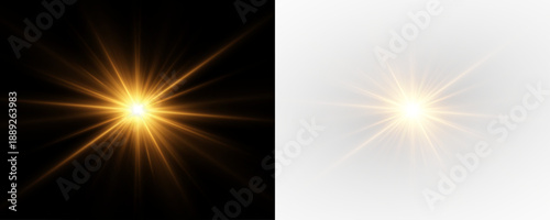 Starburst flare with light rays and glowing starlight beam. Festive golden sparkle overlay with brilliant abstract glow.
