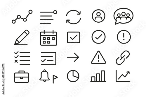 Icons showing different symbols for tasks, communication, and data management in a simple layout for work purposes