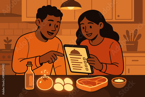 Couple planning a meal together at home while looking at a recipe on a tablet in a kitchen during evening time
