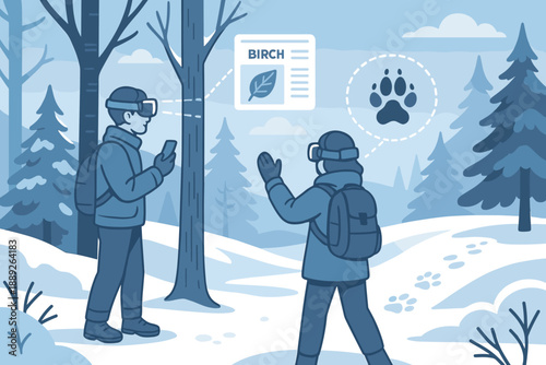 Exploring nature with technology in a snowy forest during winter