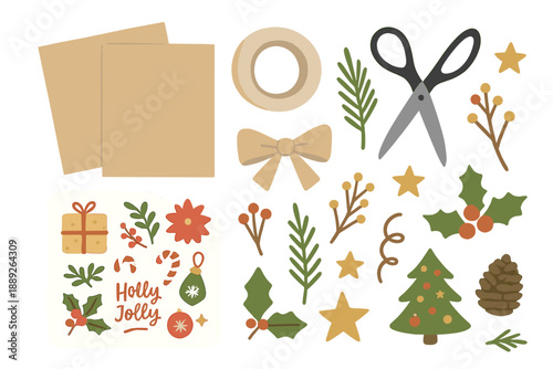 Creative crafting supplies for a holiday project with paper, scissors, and decorations at a workspace