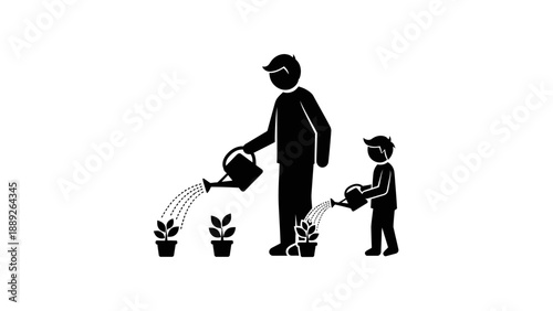Father and son watering plants together in a nurturing moment.