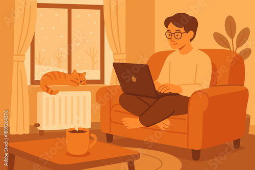Person works on laptop while sitting on a couch with a cat resting nearby in a cozy room during wintertime