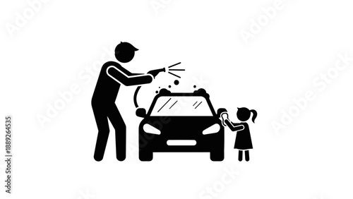 Father and daughter washing car together on a sunny day.