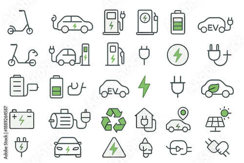 Electric vehicles and renewable energy icons shown in a simple layout for education and awareness about green technology and transportation options
