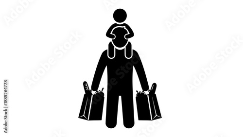 Silhouette of a man carrying a child and shopping bags.