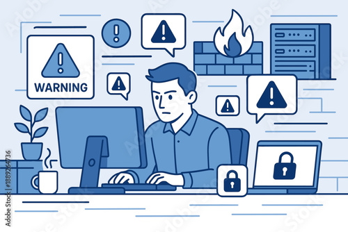 Man working on computer with warning signs in a room showing signs of a cyber incident in an office