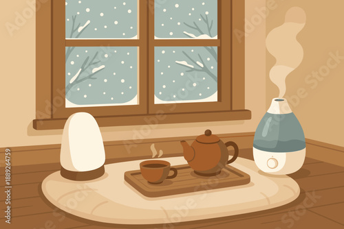 Warm tea set on a wooden table by the window while snow falls outside during winter season