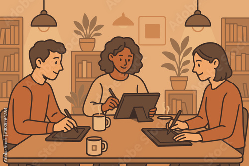 Three people are drawing together in a cozy room with plants and bookshelves while enjoying coffee in the afternoon