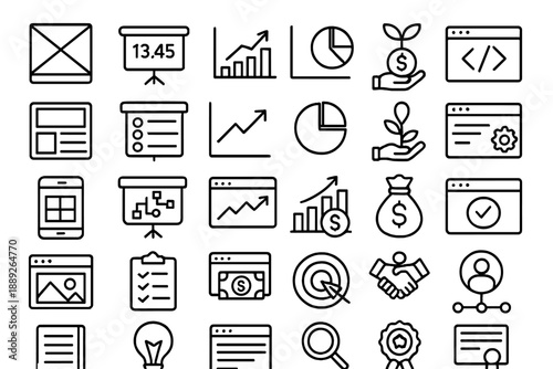 Various icons representing finance, data analysis, and business activities in a grid layout during daytime