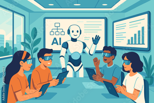 Group of people in a meeting room working with a robot and using tablets for a presentation on artificial intelligence
