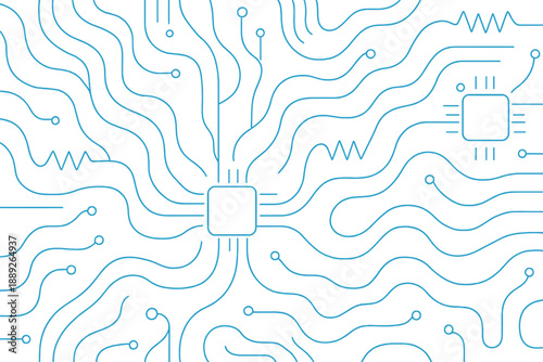 Complex patterns show connections in technology and circuits with a focus on microchips and lines on a white background