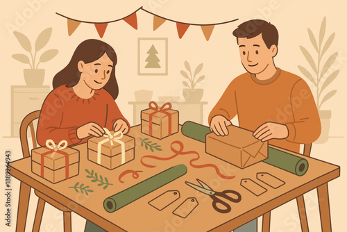 Couple wrapping gifts at home during festive season in cozy indoor setting