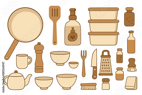 Kitchen items and cooking tools arranged on a flat surface for meal preparation in a home setting