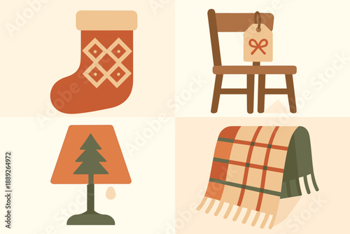 Various winter holiday decorations and cozy items shown in a square layout