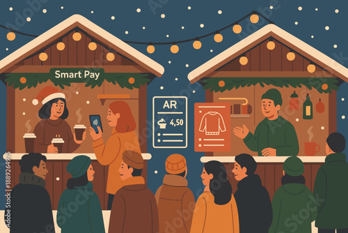 People enjoy drinks and shop at market stalls during a winter evening with festive lights and decorations