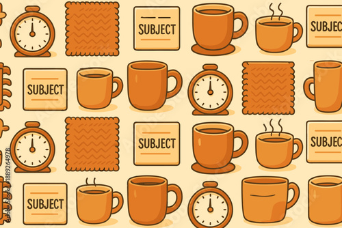 Patterns of coffee cups, clocks, and cloth in warm tones arranged on a light background