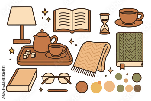 Warm drinks and cozy items in a comfortable setting for relaxation and reading during winter evenings