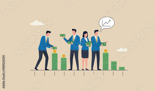 DCA, Dollar Cost Averaging investment strategy to put same amount of money every month to earn more wealth profit concept, smart idea businessman to team gold coins put on every month period