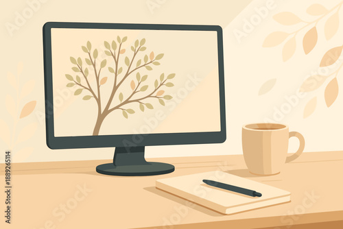 Desk setup with a computer display showing a tree illustration, a notebook, and a coffee cup on a wooden table