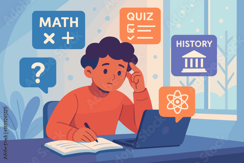 Student studies at a desk using a computer to prepare for a quiz and review math and history topics during the afternoon