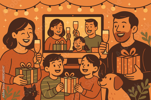 Family celebrates birthday during video call with gifts and drinks at home in cheerful setting