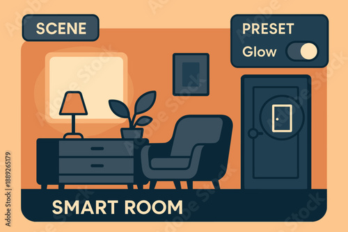 Smart room scene with warm light setup showing chair, table, lamp, and plant in cozy living area