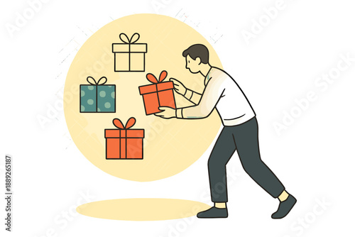 Man carries wrapped gifts while looking at colorful presents in the background during a celebration event