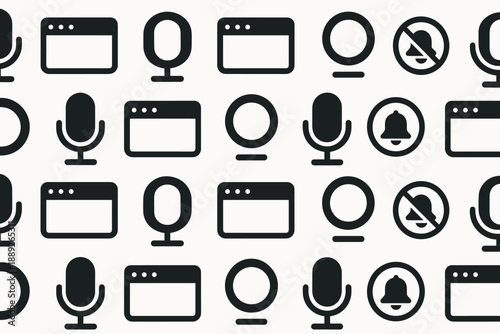 Icons of communication tools and notifications in a grid pattern on a light background displayed in black and white colors