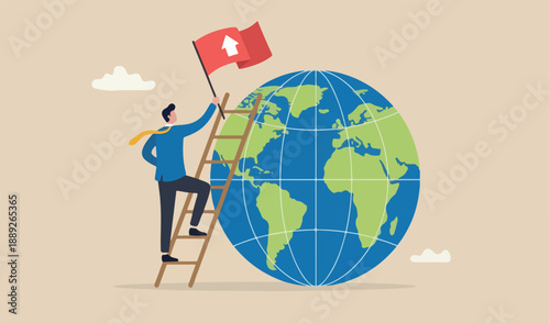 Winning world or global business success, international opportunity to grow and expand business, worldwide development concept, success businessman climb ladder holding winning flag globe.