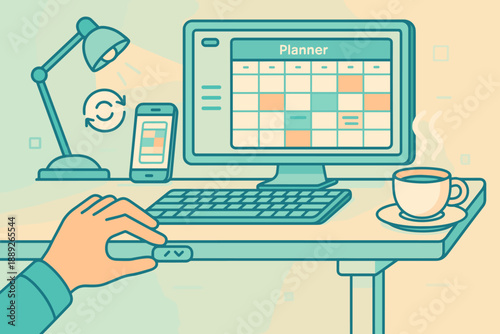 Planning a schedule using a computer while enjoying coffee at a desk in the afternoon