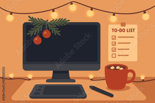 Workspace with computer, to-do list, coffee cup, and holiday decorations during winter season in a cozy room