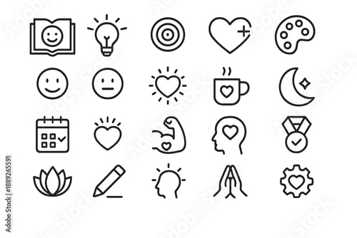 Icons representing emotions, creativity, activities, and concepts arranged in a grid format