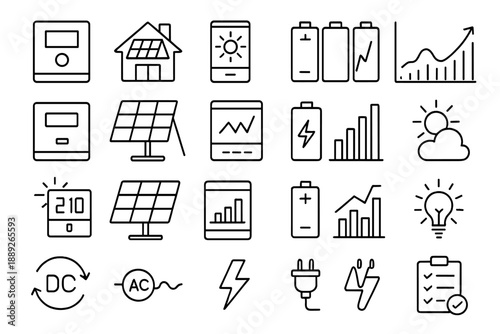 Icons showing energy, home solar systems, graphs, and batteries for clean energy use and monitoring