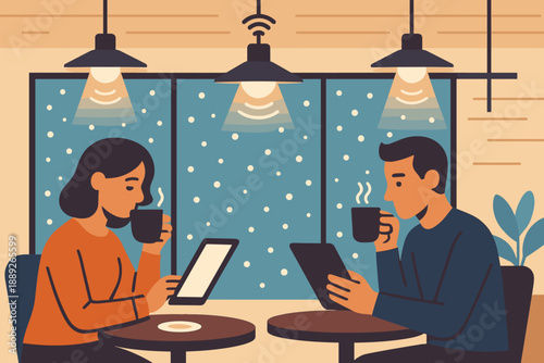 People drink coffee and use devices in a cafe during winter with snow falling outside the window