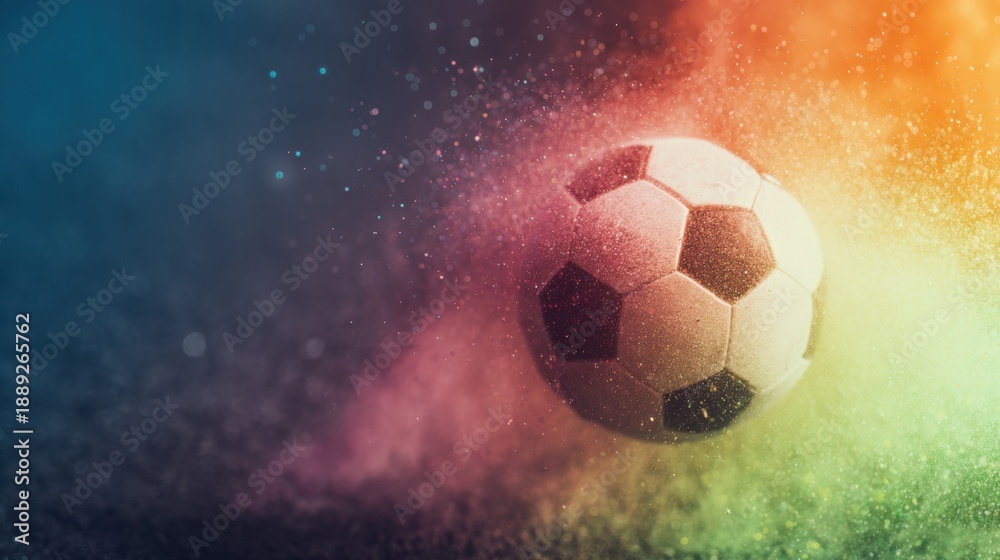 Fototapeta premium Soccer ball in motion on field with colorful dust and light effects
