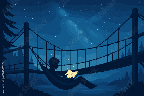 Person reading a book while sitting on a hammock on a bridge under a starry night sky