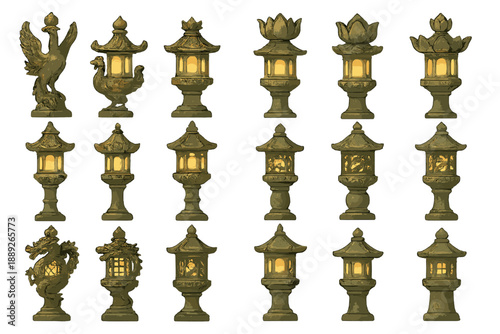 Collection of traditional stone lanterns designed for outdoor use in gardens and parks during the daytime with light