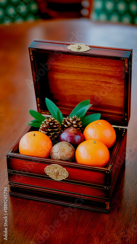 Rustic Holiday Display, Vintage Box With Seasonal Accents, Antique Wooden Container Featuring Festive Decorations, Oldfashioned Wooden Chest Filled With Holiday Treats And Natural Embellishments