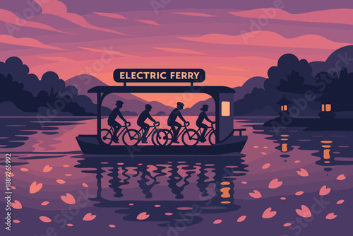 Electric ferry carries cyclists across water during sunset with mountains in the background and flowers floating on the surface