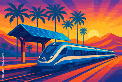 Modern train travels through tropical landscape at sunset with palm trees and vibrant colors