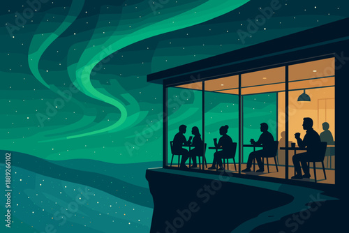 People enjoy drinks inside a glass building while viewing the northern lights in a dark sky