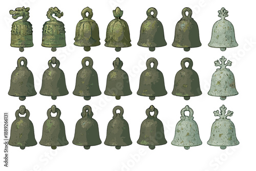 Different types of metal bells displayed in a grid layout showcasing various designs and shapes at an art exhibit in daylight