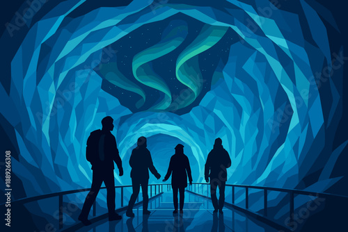 Tourists walk through a cave while viewing a colorful light display in the night sky above them