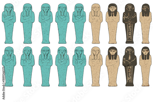 Ancient Egyptian figures arranged in rows showcasing artifacts from a historical period in Egypt