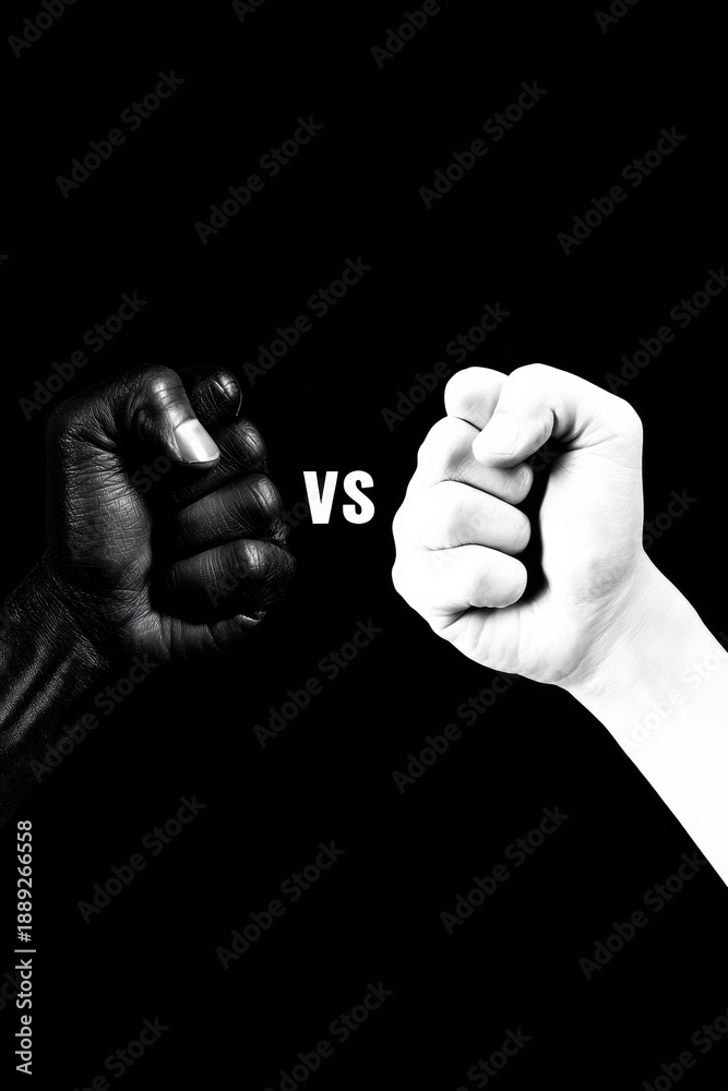 Fototapeta premium Two fists in black and white face each other, showing a clear choice and representing strong contrasts in ideas and perspectives.