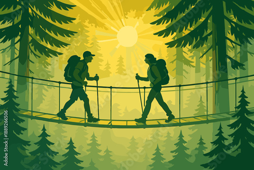 Hikers cross a bridge in a forest under sunlight during a nature trek